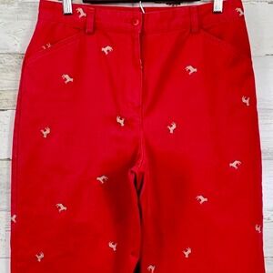 LL‎ Bean Womens Red Embroidered Dog Cropped Pants Size 12 Cotton Casual